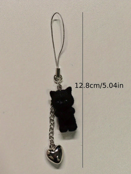 1pc Cute Black Cat Phone Charm Pendant- Faux Fur Resin Decor With Heart Shaped Accessory- Made Of ABS Material, Suitable For Phone, Earphone Case Hanging Decoration