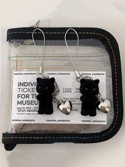 1pc Cute Black Cat Phone Charm Pendant- Faux Fur Resin Decor With Heart Shaped Accessory- Made Of ABS Material, Suitable For Phone, Earphone Case Hanging Decoration