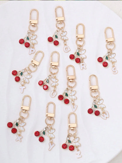 1pc Cute Sweet Cherry Letter Keychain, Stainless Steel 26 Letter Key Ring, Suitable For Handbags, Elegant Women's Holiday Gift
