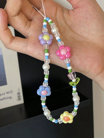 1pc Dopamine Macaron Iridescent Flower Pearl Beaded Phone Lanyard, Colorful Rice Beads & Transparent Square Beads Anti-Loss Strap, Fresh Phone Earphone Case & Girls Bag Accessory