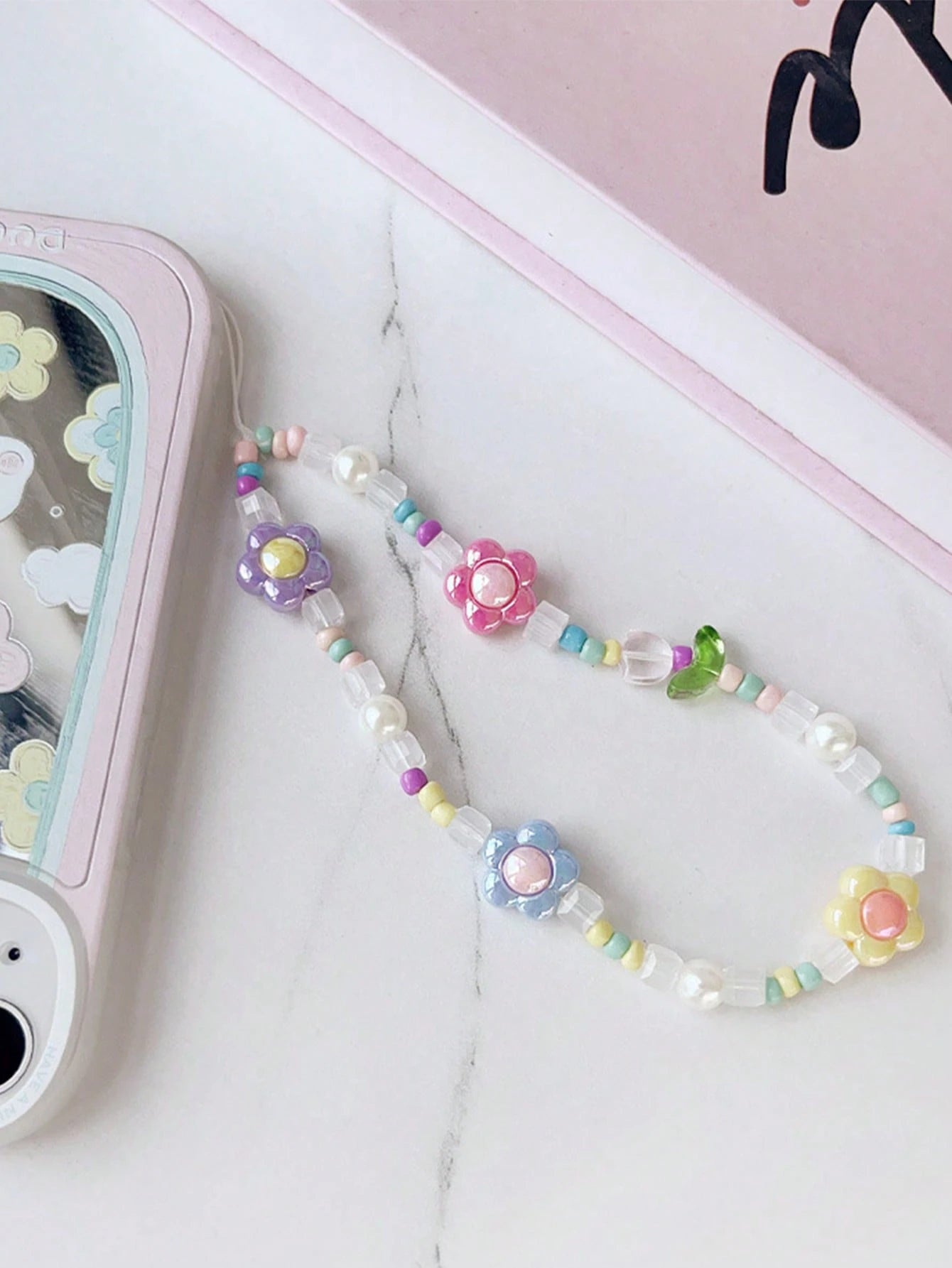 1pc Dopamine Macaron Iridescent Flower Pearl Beaded Phone Lanyard, Colorful Rice Beads & Transparent Square Beads Anti-Loss Strap, Fresh Phone Earphone Case & Girls Bag Accessory