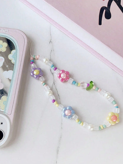 1pc Dopamine Macaron Iridescent Flower Pearl Beaded Phone Lanyard, Colorful Rice Beads & Transparent Square Beads Anti-Loss Strap, Fresh Phone Earphone Case & Girls Bag Accessory