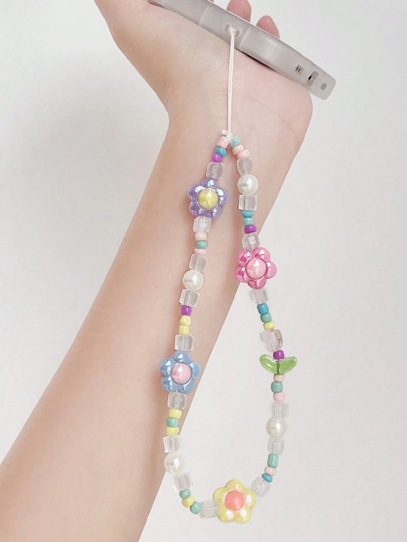1pc Dopamine Macaron Iridescent Flower Pearl Beaded Phone Lanyard, Colorful Rice Beads & Transparent Square Beads Anti-Loss Strap, Fresh Phone Earphone Case & Girls Bag Accessory