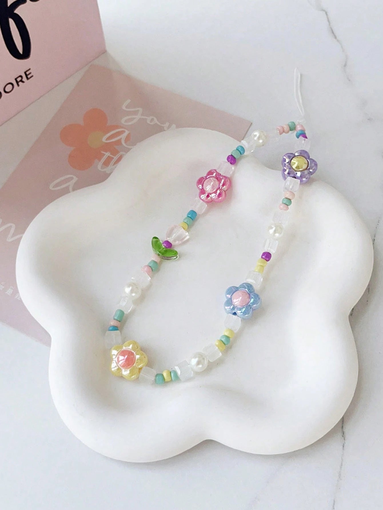 1pc Dopamine Macaron Iridescent Flower Pearl Beaded Phone Lanyard, Colorful Rice Beads & Transparent Square Beads Anti-Loss Strap, Fresh Phone Earphone Case & Girls Bag Accessory