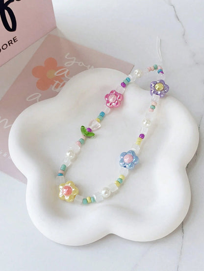 1pc Dopamine Macaron Iridescent Flower Pearl Beaded Phone Lanyard, Colorful Rice Beads & Transparent Square Beads Anti-Loss Strap, Fresh Phone Earphone Case & Girls Bag Accessory