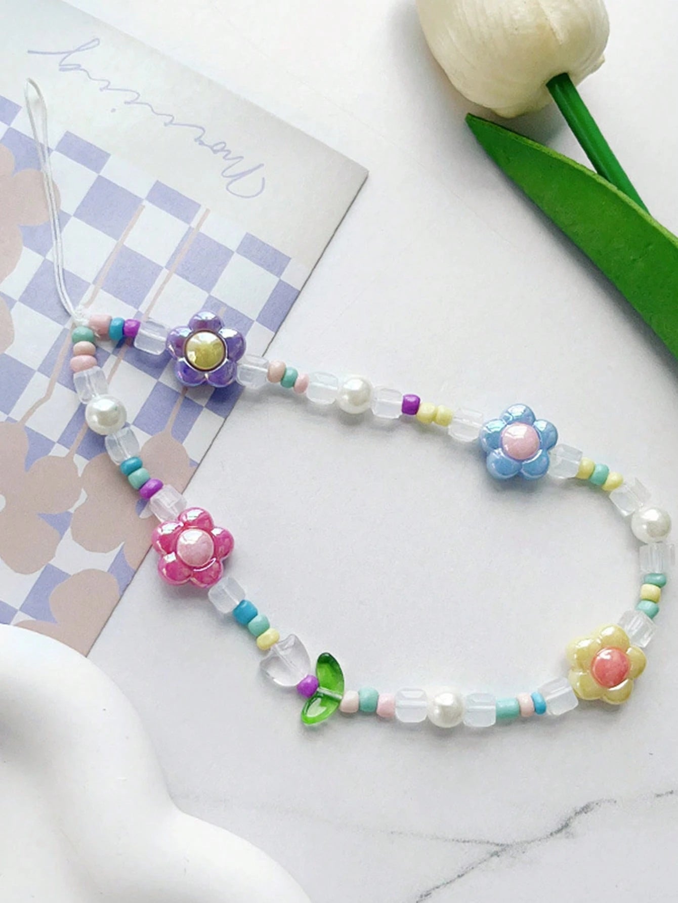 1pc Dopamine Macaron Iridescent Flower Pearl Beaded Phone Lanyard, Colorful Rice Beads & Transparent Square Beads Anti-Loss Strap, Fresh Phone Earphone Case & Girls Bag Accessory