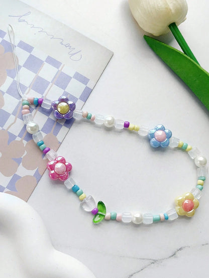1pc Dopamine Macaron Iridescent Flower Pearl Beaded Phone Lanyard, Colorful Rice Beads & Transparent Square Beads Anti-Loss Strap, Fresh Phone Earphone Case & Girls Bag Accessory