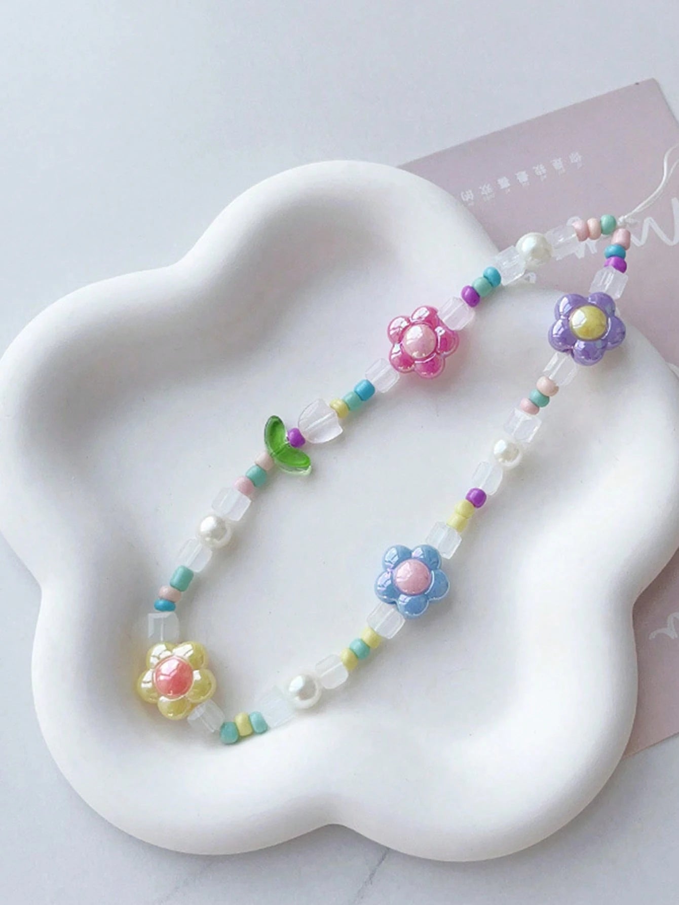 1pc Dopamine Macaron Iridescent Flower Pearl Beaded Phone Lanyard, Colorful Rice Beads & Transparent Square Beads Anti-Loss Strap, Fresh Phone Earphone Case & Girls Bag Accessory