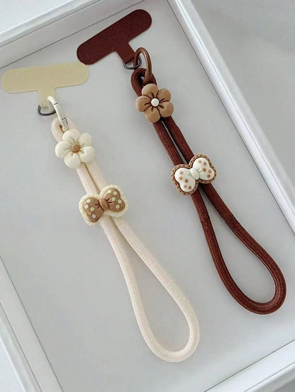 1pc Elegant Brown & Beige Floral Bow Decor Adjustable Wrist Strap, Phone Lanyard Compatible With Android And Most Smartphone,Gifts For Mother, Family, Friends, Birthday, Holiday Phone Chain
