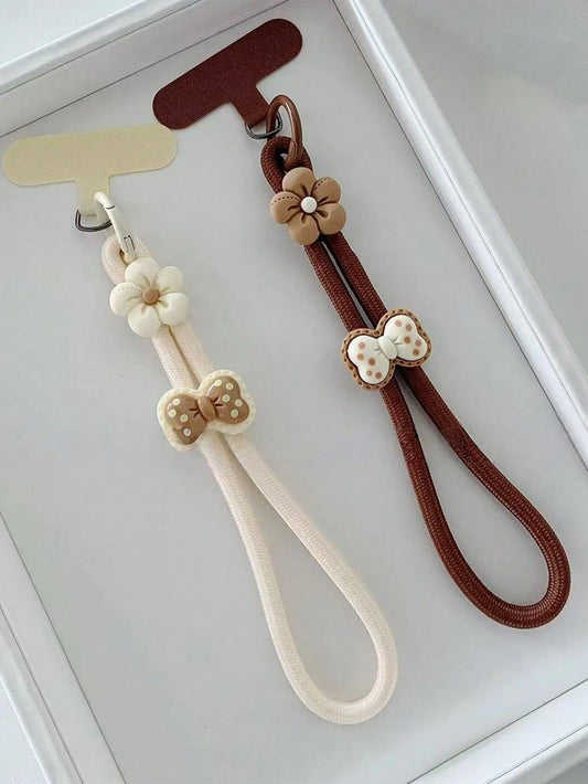1pc Elegant Brown & Beige Floral Bow Decor Adjustable Wrist Strap, Phone Lanyard Compatible With Android And Most Smartphone,Gifts For Mother, Family, Friends, Birthday, Holiday Phone Chain