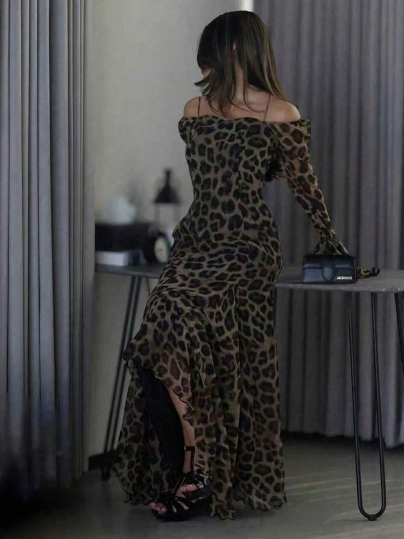 1pc Elegant Leopard Print Ruffle Hem Waist Cinched Long Dress, Suitable For Party, Daily Wear And Travel, Spring/Autumn