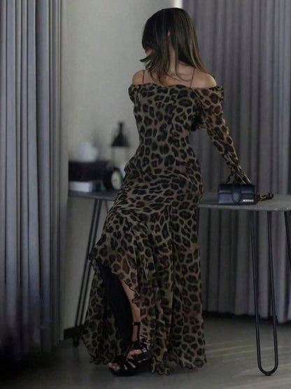 1pc Elegant Leopard Print Ruffle Hem Waist Cinched Long Dress, Suitable For Party, Daily Wear And Travel, Spring/Autumn