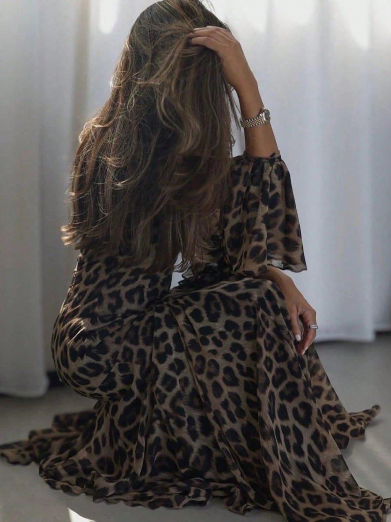 1pc Elegant Leopard Print Ruffle Hem Waist Cinched Long Dress, Suitable For Party, Daily Wear And Travel, Spring/Autumn