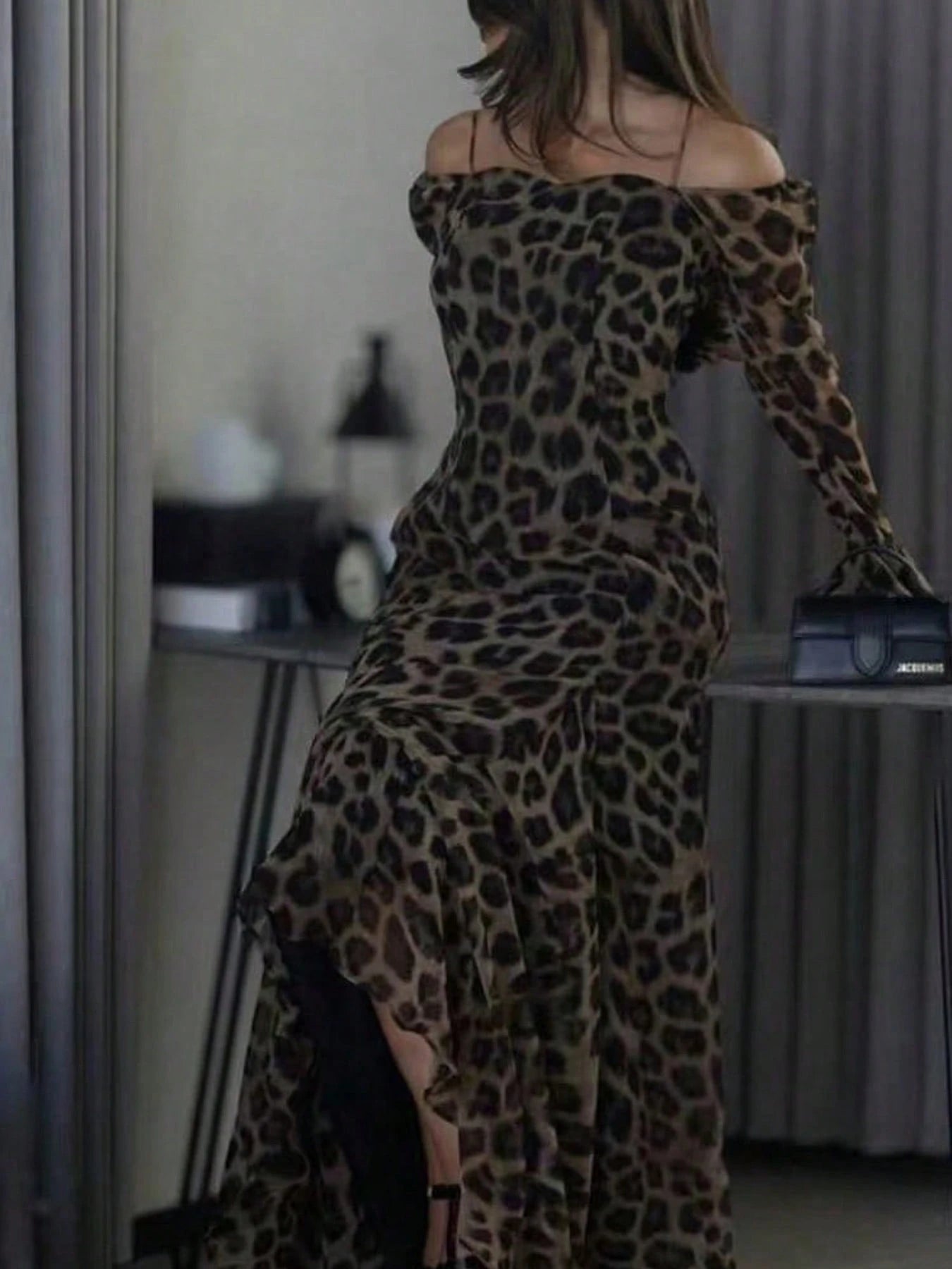 1pc Elegant Leopard Print Ruffle Hem Waist Cinched Long Dress, Suitable For Party, Daily Wear And Travel, Spring/Autumn
