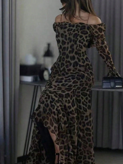 1pc Elegant Leopard Print Ruffle Hem Waist Cinched Long Dress, Suitable For Party, Daily Wear And Travel, Spring/Autumn