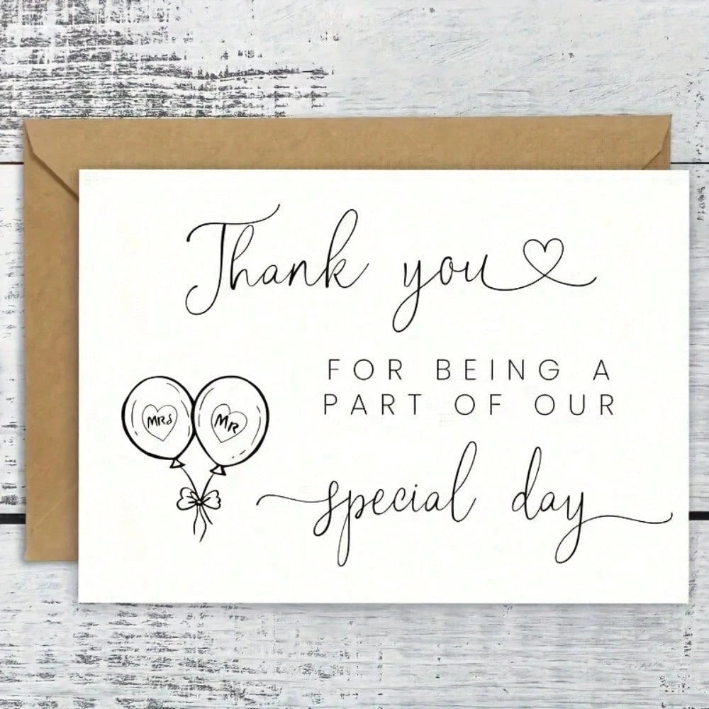 1pc Elegant Wedding Thank You Card, With Message "Thank You For Sharing Our Special Day", Black & White Design With Heart Shaped Balloon Illustration, Made Of High-Quality Paper, Suitable As Stationer