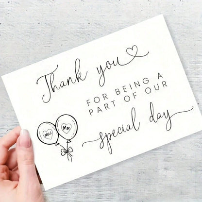 1pc Elegant Wedding Thank You Card, With Message "Thank You For Sharing Our Special Day", Black & White Design With Heart Shaped Balloon Illustration, Made Of High-Quality Paper, Suitable As Stationer