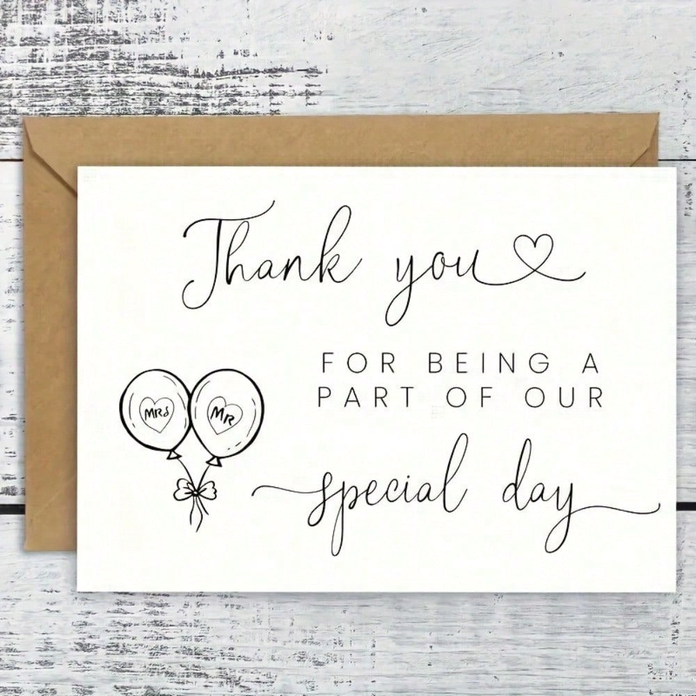 1pc Elegant Wedding Thank You Card, With Message "Thank You For Sharing Our Special Day", Black & White Design With Heart Shaped Balloon Illustration, Made Of High-Quality Paper, Suitable As Stationer