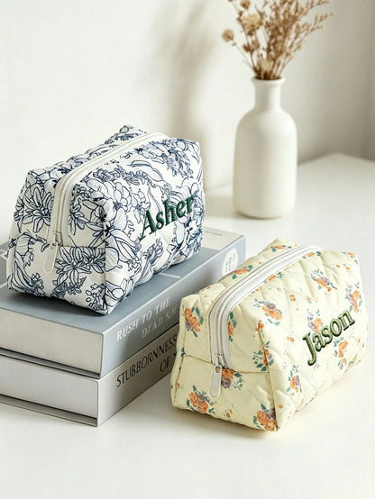 1pc Embroidered Name Makeup Bag, Custom Floral Makeup Bag, Personalized Gift For Women, Travel Storage Space Saver, Toiletry Bag, Sunscreen Pouch, Bridesmaid Gift, Autumn Decor, Mother's Day Gift, Bir