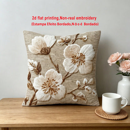 1pc Embroidery-Like Beige Floral Print Throw Pillow Cover, 2D Flat Printing, Wabi-Sabi Style Home Decor Cushion Cover, Polyester Square Single-Sided Printed Pillow Sham, Machine Washable With Zipper