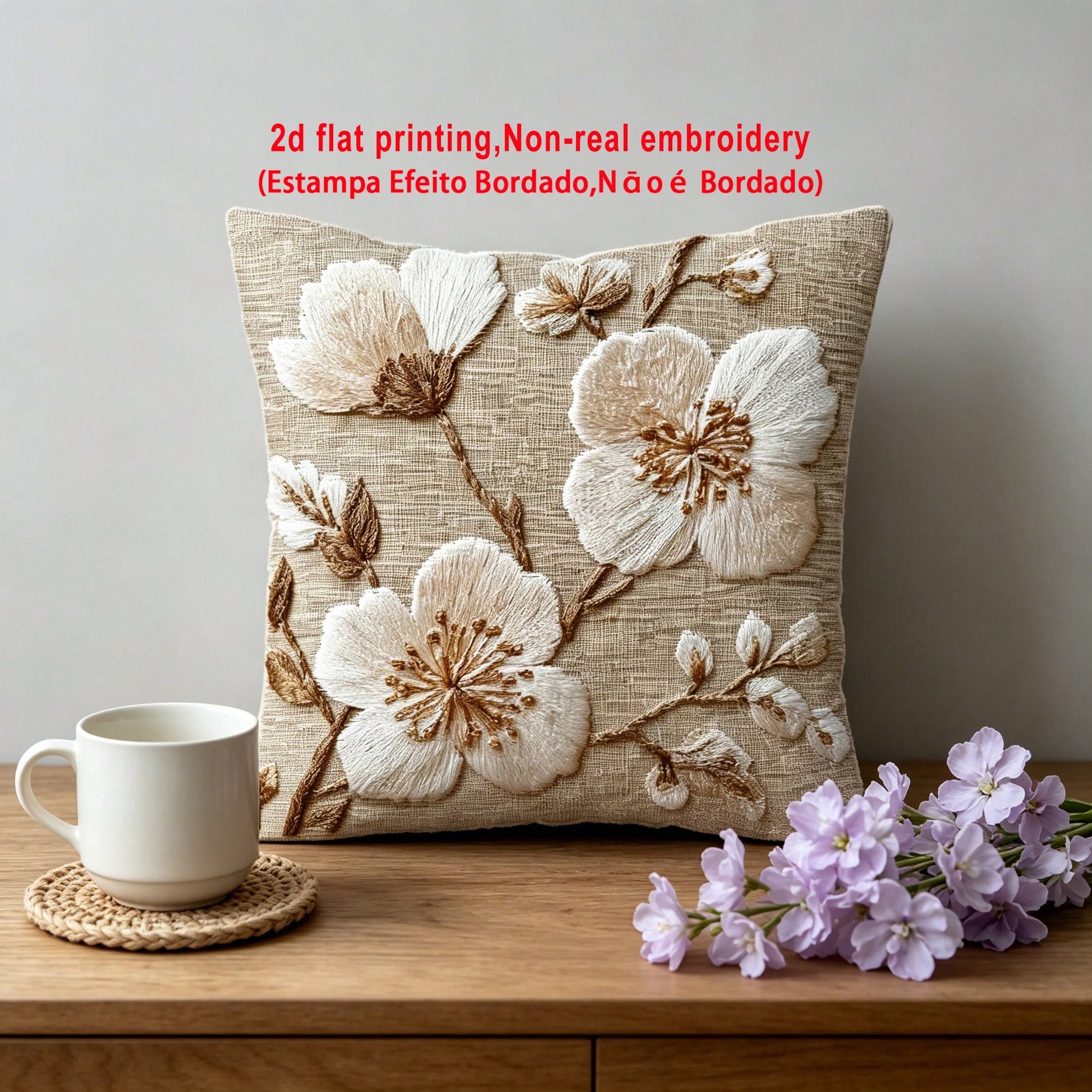 1pc Embroidery-Like Beige Floral Print Throw Pillow Cover, 2D Flat Printing, Wabi-Sabi Style Home Decor Cushion Cover, Polyester Square Single-Sided Printed Pillow Sham, Machine Washable With Zipper