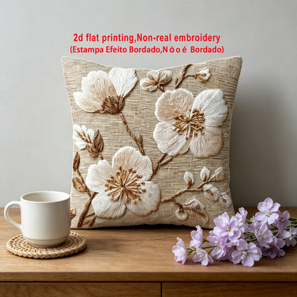 1pc Embroidery-Like Beige Floral Print Throw Pillow Cover, 2D Flat Printing, Wabi-Sabi Style Home Decor Cushion Cover, Polyester Square Single-Sided Printed Pillow Sham, Machine Washable With Zipper