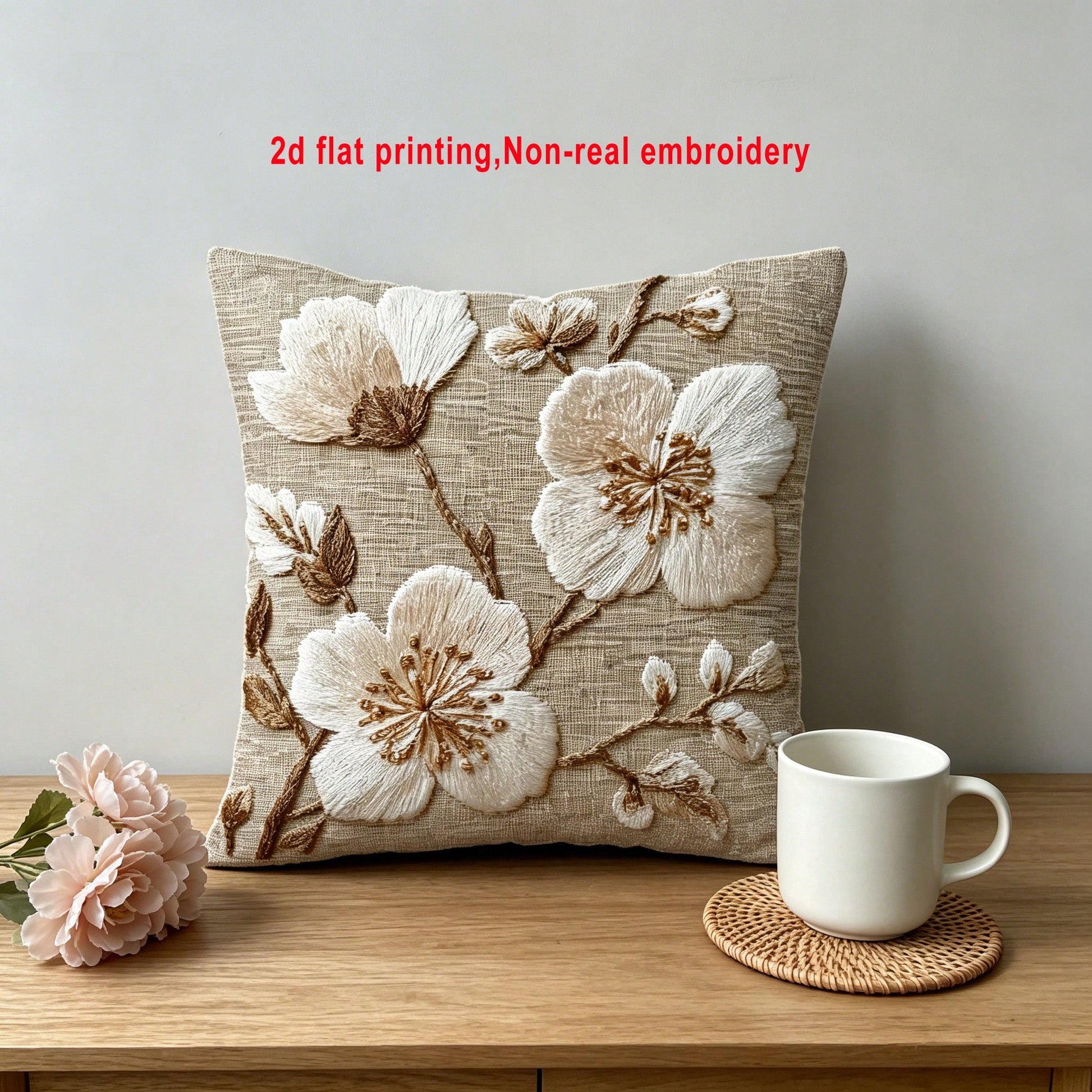 1pc Embroidery-Like Beige Floral Print Throw Pillow Cover, 2D Flat Printing, Wabi-Sabi Style Home Decor Cushion Cover, Polyester Square Single-Sided Printed Pillow Sham, Machine Washable With Zipper