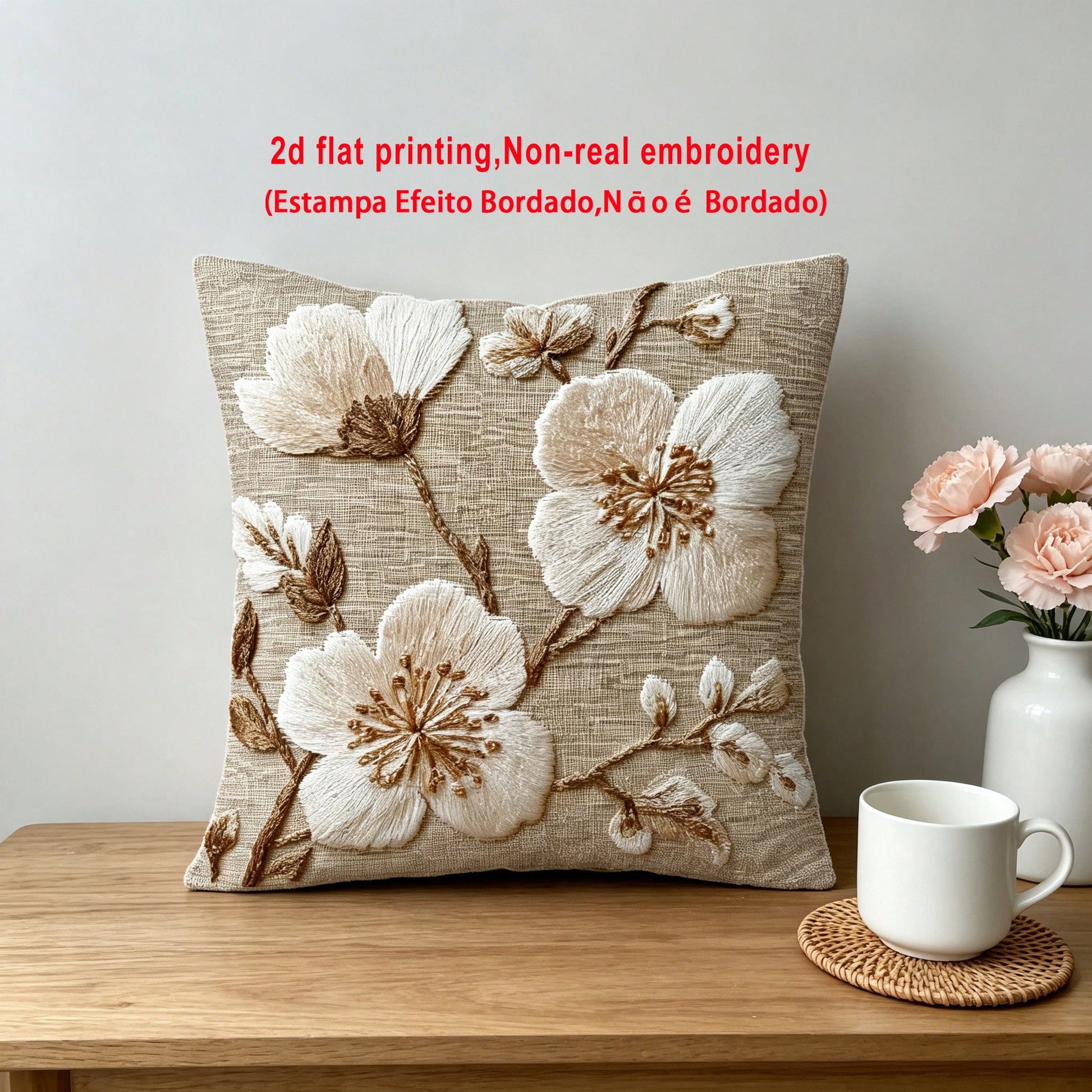 1pc Embroidery-Like Beige Floral Print Throw Pillow Cover, 2D Flat Printing, Wabi-Sabi Style Home Decor Cushion Cover, Polyester Square Single-Sided Printed Pillow Sham, Machine Washable With Zipper