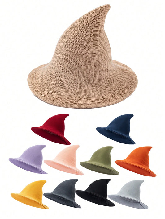 1pc European & American Style Knitted Witch Hat, Halloween Wizard Pointed Cap, Foldable, Popular Cross-Border Item, Autumn/Winter Bucket Hat