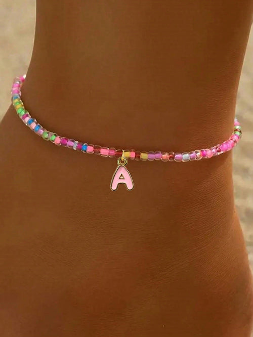 1pc Exquisite Versatile Beach Vacation Style Colorful Glass Elastic Seed Bead Pink Oil Drop A-Z 26 Letter Anklet, Fashion Personalized Jewelry Gift Suitable For Daily Wear, Perfect Party And Holiday G