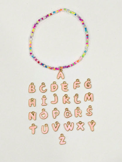 1pc Exquisite Versatile Beach Vacation Style Colorful Glass Elastic Seed Bead Pink Oil Drop A-Z 26 Letter Anklet, Fashion Personalized Jewelry Gift Suitable For Daily Wear, Perfect Party And Holiday G