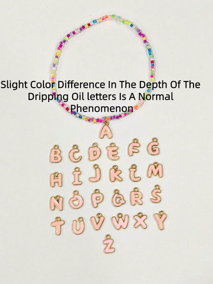 1pc Exquisite Versatile Beach Vacation Style Colorful Glass Elastic Seed Bead Pink Oil Drop A-Z 26 Letter Anklet, Fashion Personalized Jewelry Gift Suitable For Daily Wear, Perfect Party And Holiday G