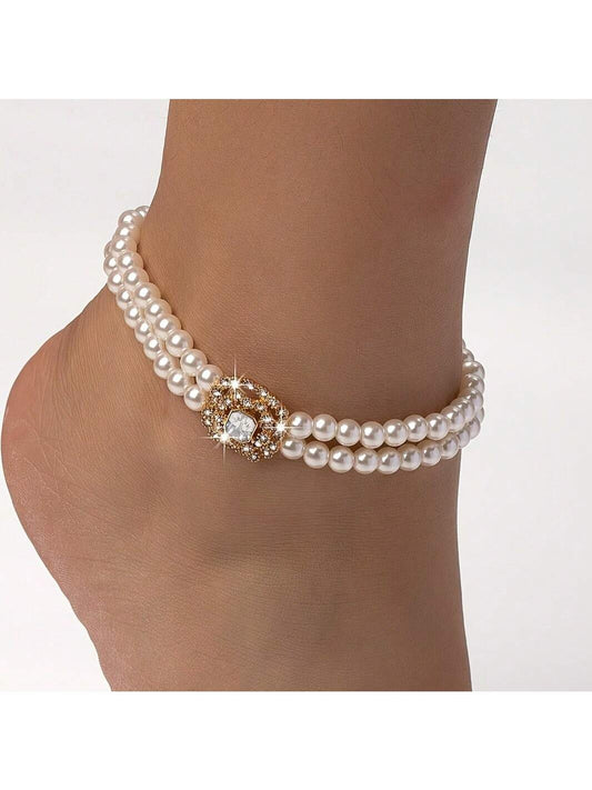 1pc Fashionable & Elegant Double Row Faux Pearl Square Shape With Rhinestone Inlay Unisex Anklet For Daily Wear