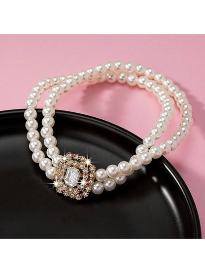 1pc Fashionable & Elegant Double Row Faux Pearl Square Shape With Rhinestone Inlay Unisex Anklet For Daily Wear