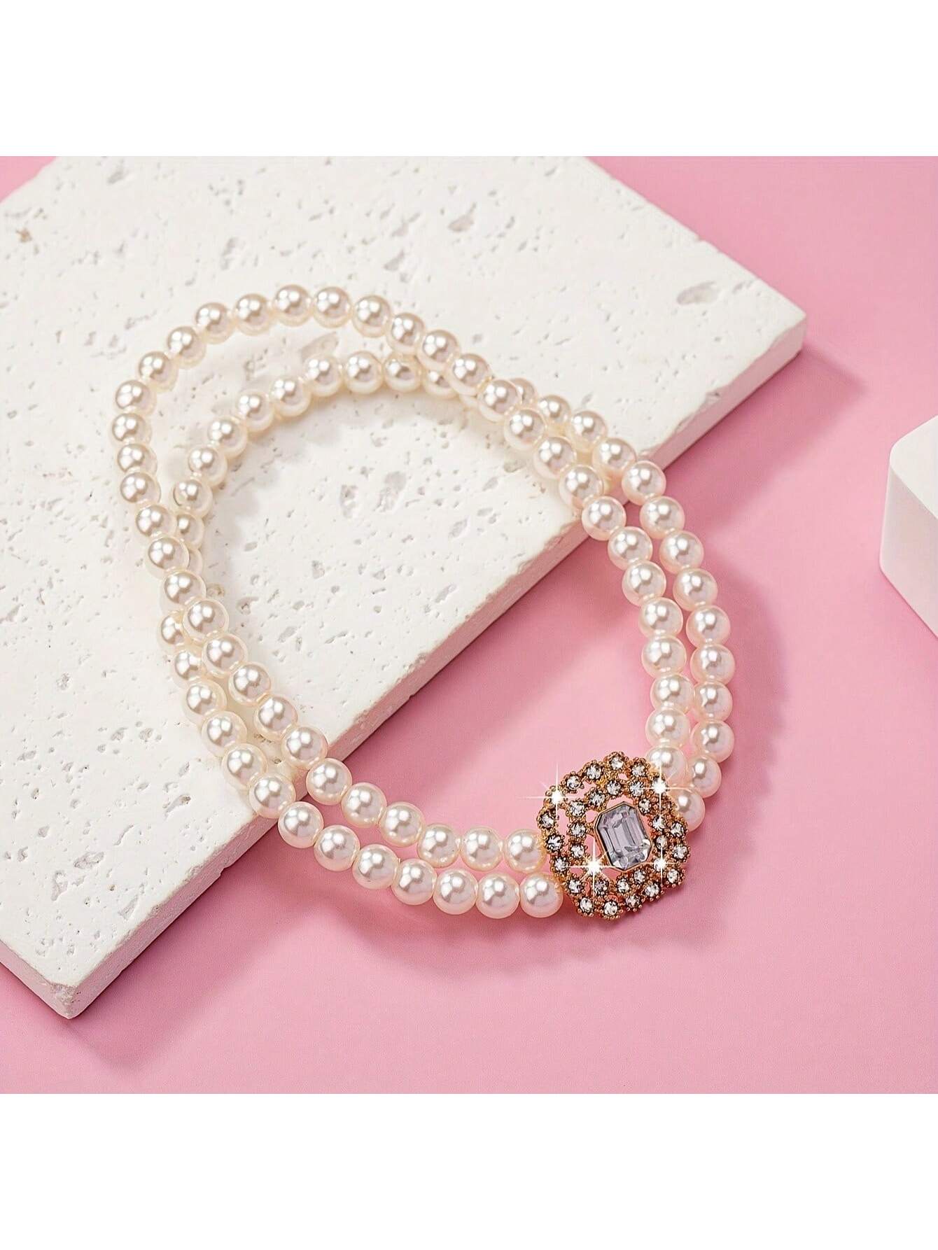 1pc Fashionable & Elegant Double Row Faux Pearl Square Shape With Rhinestone Inlay Unisex Anklet For Daily Wear