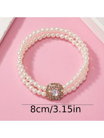 1pc Fashionable & Elegant Double Row Faux Pearl Square Shape With Rhinestone Inlay Unisex Anklet For Daily Wear