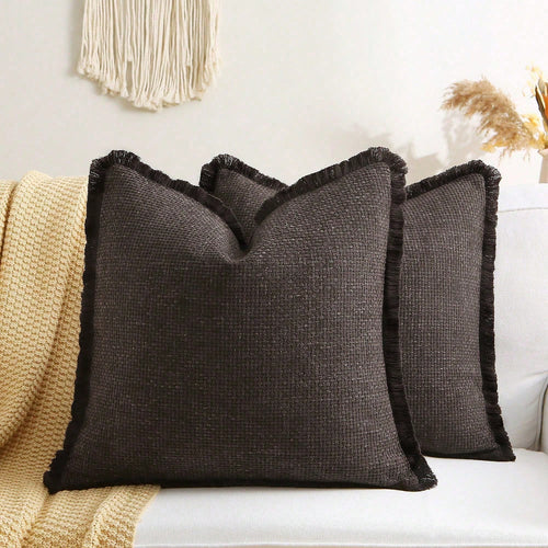 1pc Faux Linen Tasseled Throw Pillow Cover, Rustic Linen Pillow Sham, Vintage Tassel Edged Square Cushion, Nordic Solid Color Square Sofa Throw Pillow, Farmhouse Woven Pillow, Living Room Sofa Decorat