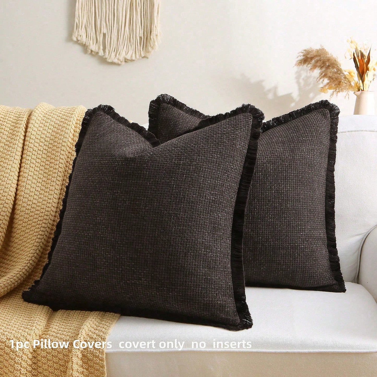 1pc Faux Linen Tasseled Throw Pillow Cover, Rustic Linen Pillow Sham, Vintage Tassel Edged Square Cushion, Nordic Solid Color Square Sofa Throw Pillow, Farmhouse Woven Pillow, Living Room Sofa Decorat