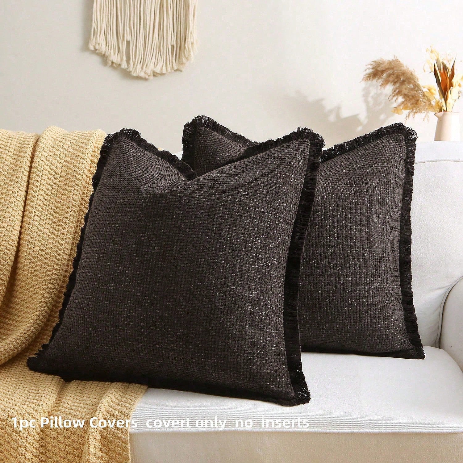 1pc Faux Linen Tasseled Throw Pillow Cover, Rustic Linen Pillow Sham, Vintage Tassel Edged Square Cushion, Nordic Solid Color Square Sofa Throw Pillow, Farmhouse Woven Pillow, Living Room Sofa Decorat