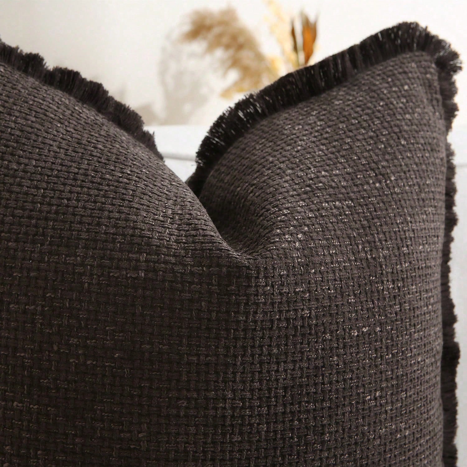 1pc Faux Linen Tasseled Throw Pillow Cover, Rustic Linen Pillow Sham, Vintage Tassel Edged Square Cushion, Nordic Solid Color Square Sofa Throw Pillow, Farmhouse Woven Pillow, Living Room Sofa Decorat