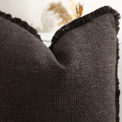 1pc Faux Linen Tasseled Throw Pillow Cover, Rustic Linen Pillow Sham, Vintage Tassel Edged Square Cushion, Nordic Solid Color Square Sofa Throw Pillow, Farmhouse Woven Pillow, Living Room Sofa Decorat