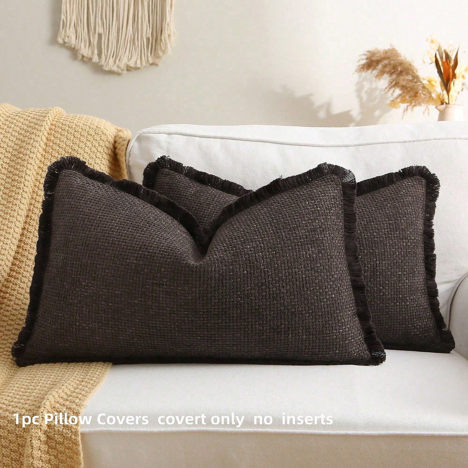 1pc Faux Linen Tasseled Throw Pillow Cover, Rustic Linen Pillow Sham, Vintage Tassel Edged Square Cushion, Nordic Solid Color Square Sofa Throw Pillow, Farmhouse Woven Pillow, Living Room Sofa Decorat