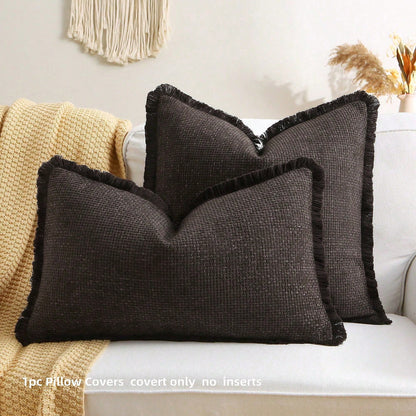 1pc Faux Linen Tasseled Throw Pillow Cover, Rustic Linen Pillow Sham, Vintage Tassel Edged Square Cushion, Nordic Solid Color Square Sofa Throw Pillow, Farmhouse Woven Pillow, Living Room Sofa Decorat