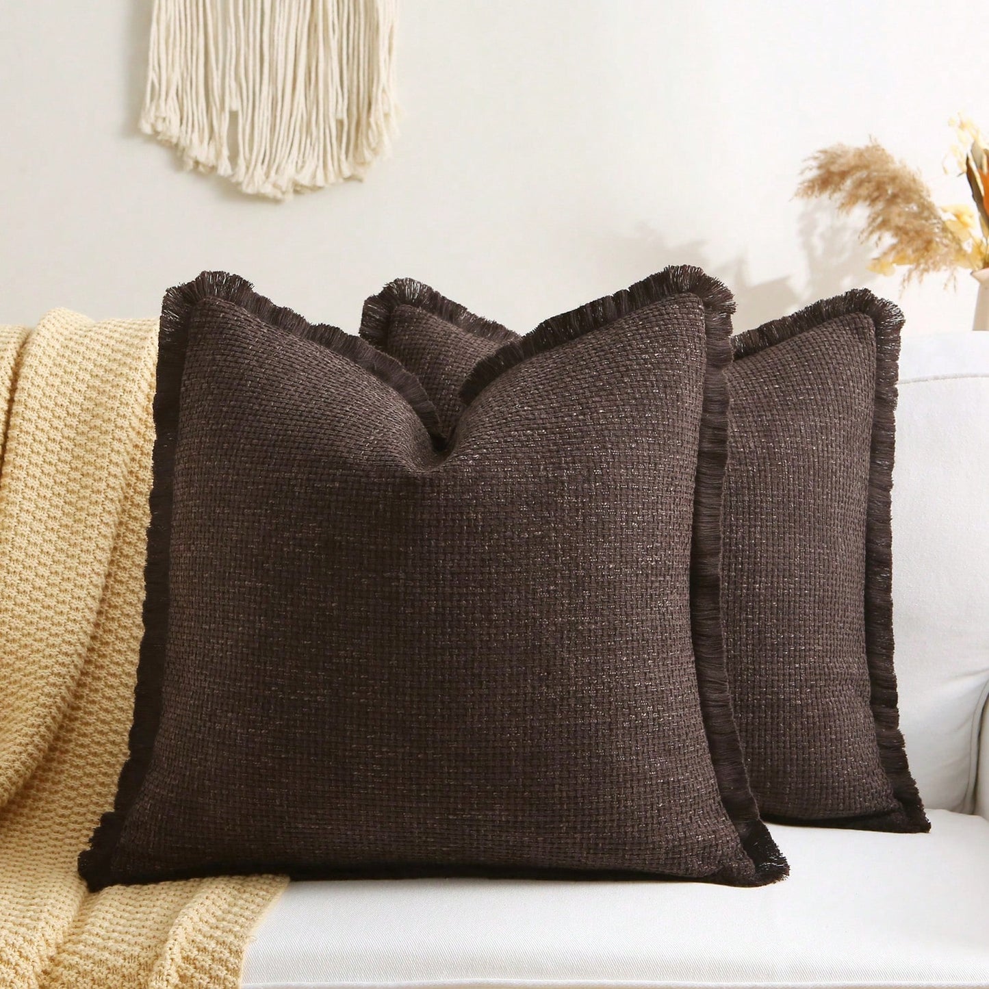 1pc Faux Linen Tasseled Throw Pillow Cover, Rustic Linen Pillow Sham, Vintage Tassel Edged Square Cushion, Nordic Solid Color Square Sofa Throw Pillow, Farmhouse Woven Pillow, Living Room Sofa Decorat
