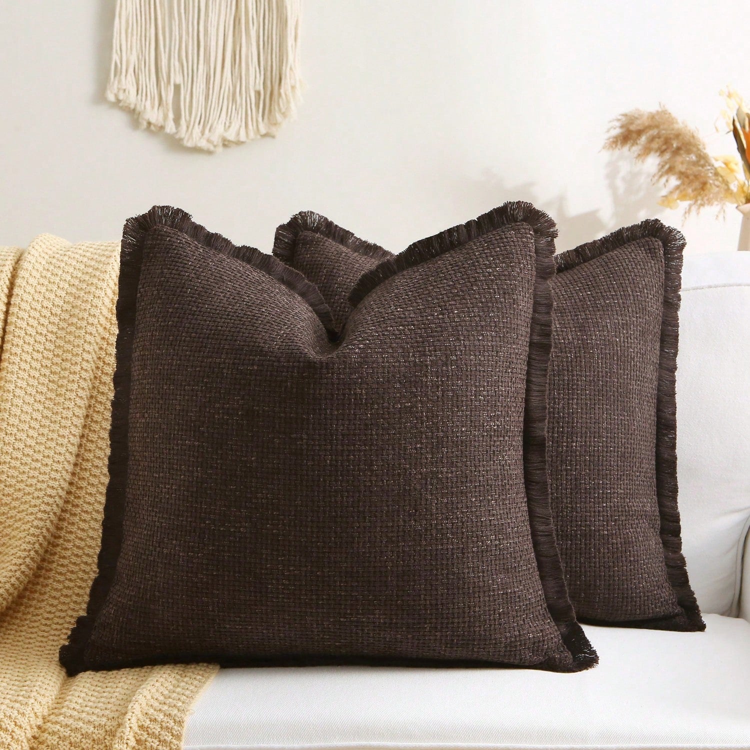 1pc Faux Linen Tasseled Throw Pillow Cover, Rustic Linen Pillow Sham, Vintage Tassel Edged Square Cushion, Nordic Solid Color Square Sofa Throw Pillow, Farmhouse Woven Pillow, Living Room Sofa Decorat