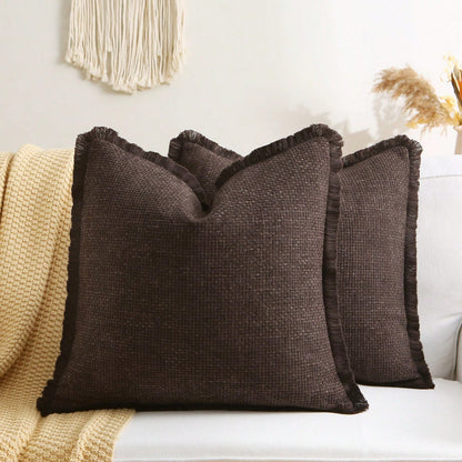 1pc Faux Linen Tasseled Throw Pillow Cover, Rustic Linen Pillow Sham, Vintage Tassel Edged Square Cushion, Nordic Solid Color Square Sofa Throw Pillow, Farmhouse Woven Pillow, Living Room Sofa Decorat