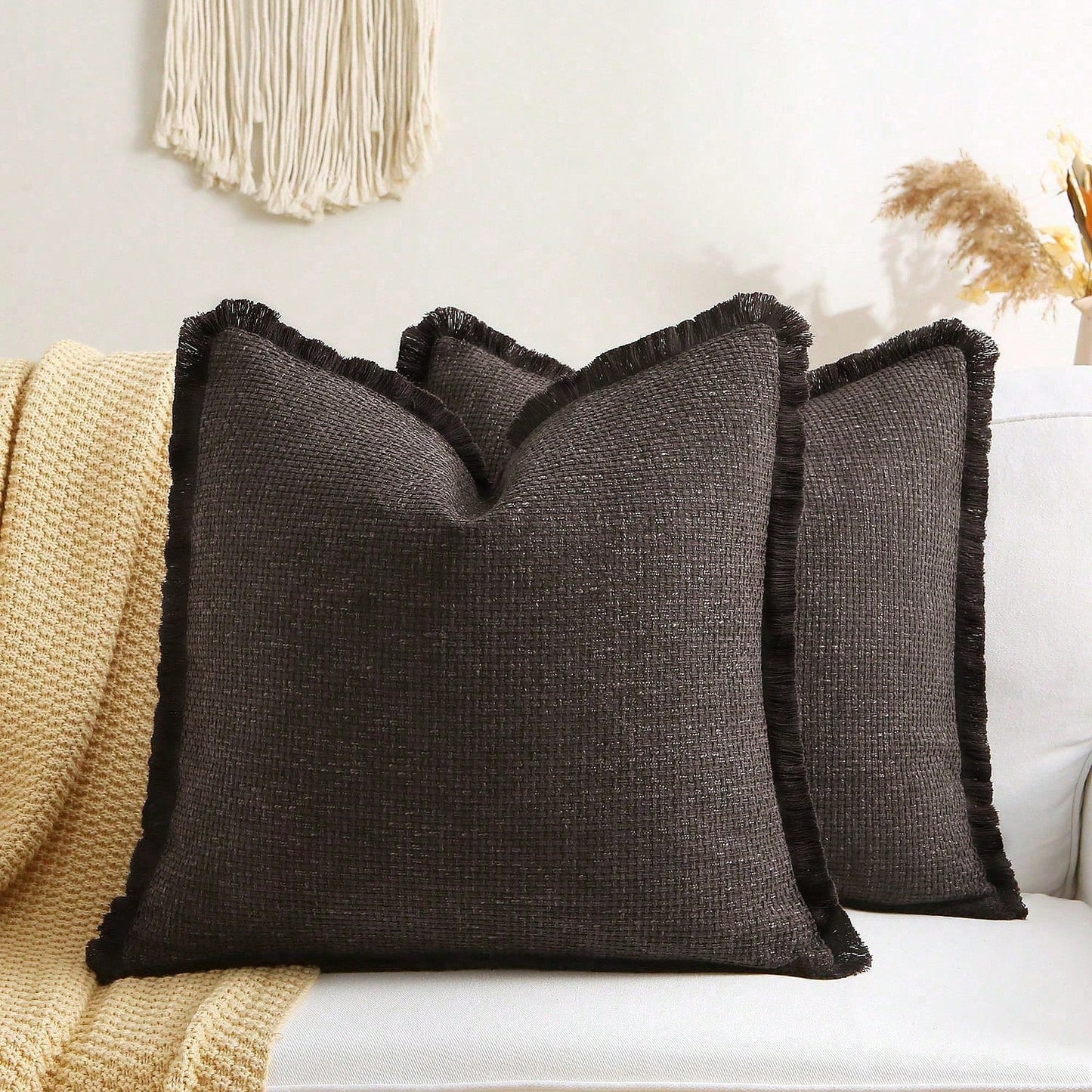 1pc Faux Linen Tasseled Throw Pillow Cover, Rustic Linen Pillow Sham, Vintage Tassel Edged Square Cushion, Nordic Solid Color Square Sofa Throw Pillow, Farmhouse Woven Pillow, Living Room Sofa Decorat