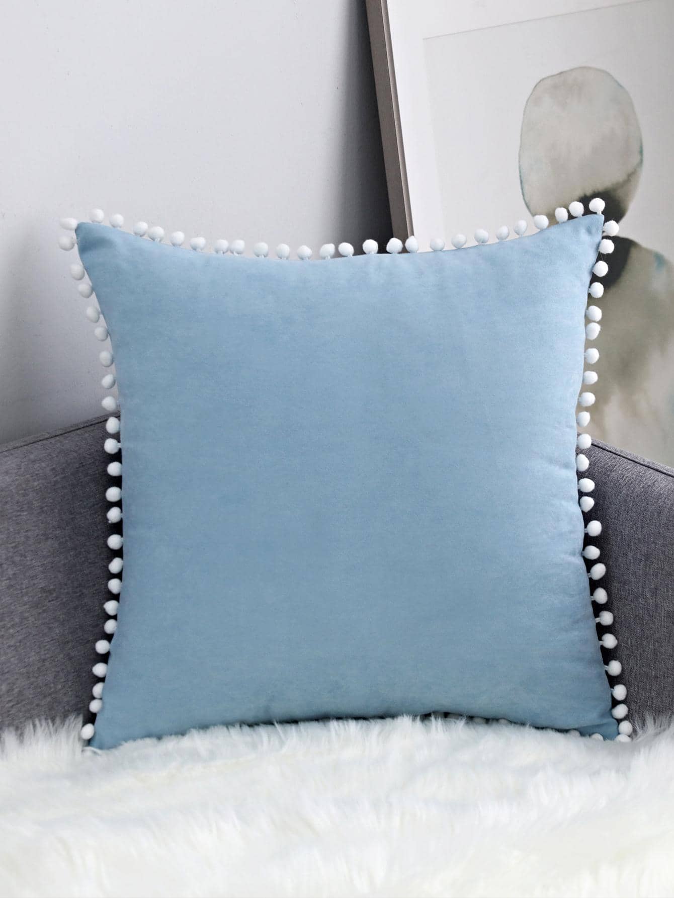 1pc Faux Suede Furry Ball Decorative Throw Pillow/Lumbar Cushion Cover, For Living Room Sofa Bedroom Decor