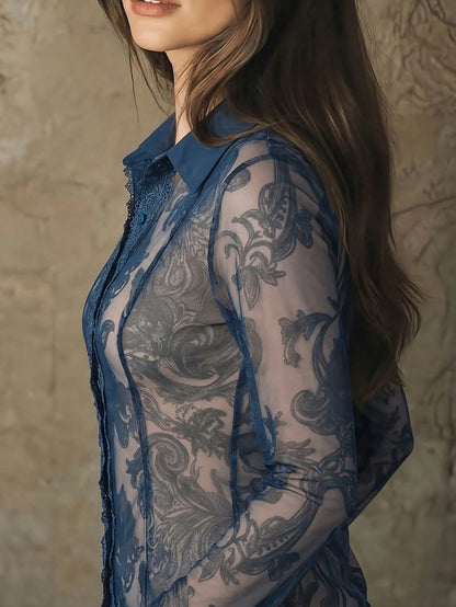 1pc Floral Print Mesh Sheer Blouse, Lace Patchwork Printed Mesh Women's Summer Top. Elegant Floral Printed Blouse, Patchwork Summer Shirt Vacation, Boho Chic