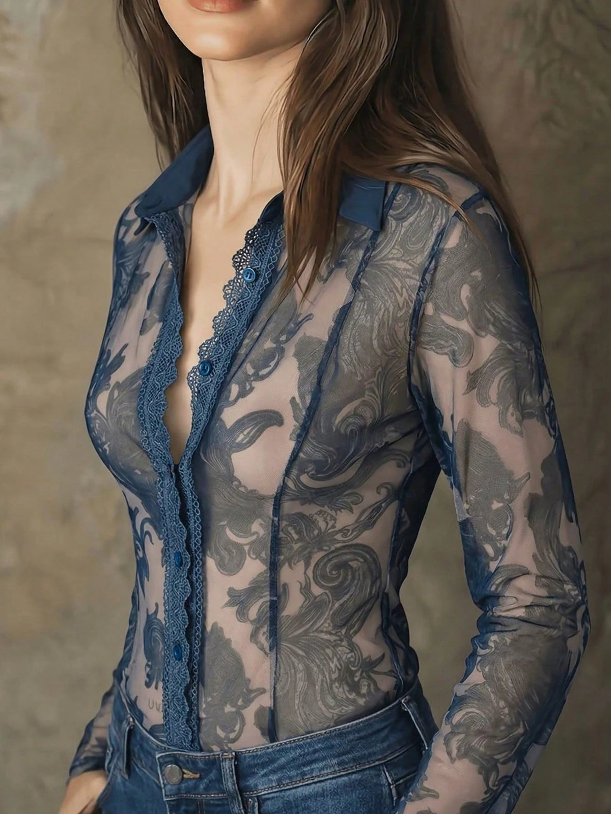 1pc Floral Print Mesh Sheer Blouse, Lace Patchwork Printed Mesh Women's Summer Top. Elegant Floral Printed Blouse, Patchwork Summer Shirt Vacation, Boho Chic